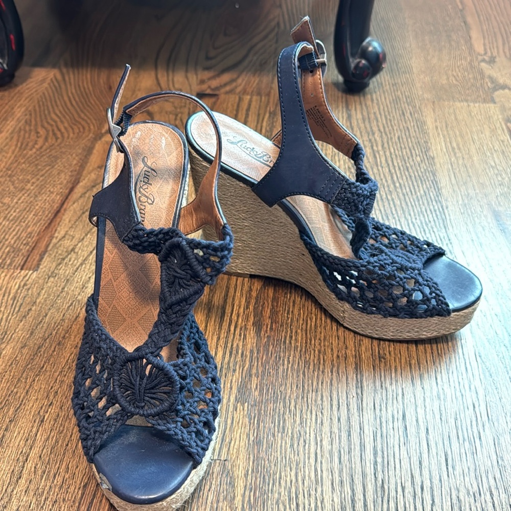 Lucky Brand Navy Crochet Wedges Size 8.5